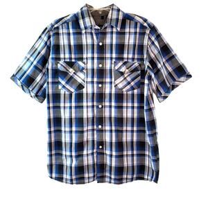 Bruno Shirt Mens Medium Blue Plaid Short Sleeve‎ Pearl Snap Flap Pockets